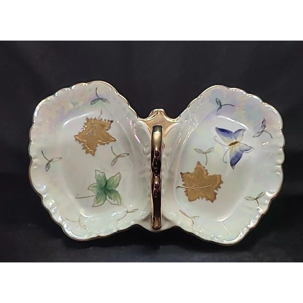 Butterfly Divide Dish Leaves Lipper & Mann Handpainted Gold 8" Plate Fall